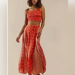 Free People Kaia Set Maxi Skirt and Top- 2 pcs set Size Medium. Cherry hearts